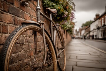 An old rusty bicycle leaning against a brick wall with flowers on a charming street, a vintage scene full of nostalgia, capturing the essence of a bygone era.