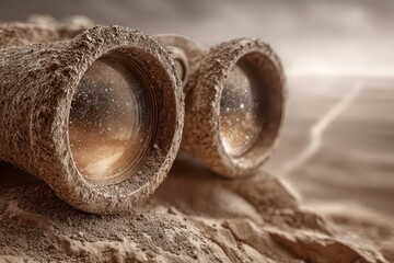 Naklejka premium A pair of antique binoculars lie on sandy terrain, revealing a celestial starscape through their lenses, invoking a sense of exploration and discovery, inviting viewers to imagine new horizons.