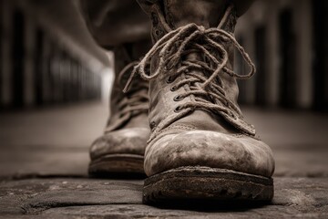 A pair of worn-out leather work boots standing on a rough stone surface, showing their age and toughness, ideal for hard work and construction site environments.