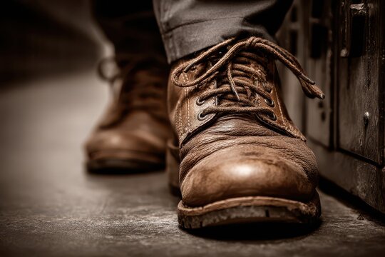 Close up of leather brown boots with untied shoelaces, next to a metal locker, creates a rustic, vintage, and timeless appeal, suitable for a variety of themes.