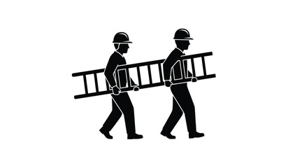 Two construction workers wearing hard hats walking together while carrying a long wooden ladder © rsvect02