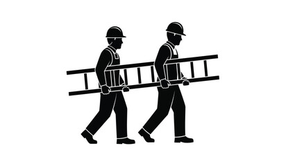 Two construction workers wearing safety helmets and carrying a long metal ladder together side by side © rsvect02