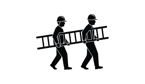 Two construction workers wearing hard hats walking together while carrying a long wooden ladder