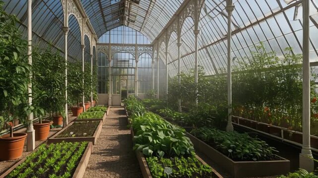 A spacious greenhouse interior with rows of plants and trees in planters and soil beds