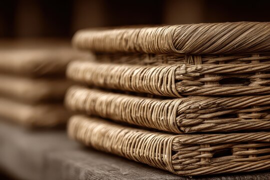 A stack of handcrafted wicker baskets showcasing artisanry and rustic charm, woven with natural fibers and textured details, exuding warmth and elegance.