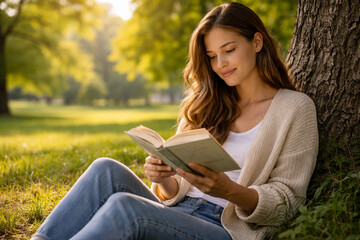 Young woman reads a book while sitting under a tree in a park during the afternoon light