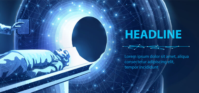 Glowing digital MRI scan of a patient being prepared for a scan. Medical technology, healthcare system, diagnostic imaging, patient care, hospital concept. Illustration