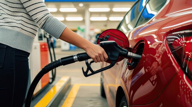 Close-up of a woman filling up a red car. Gas station