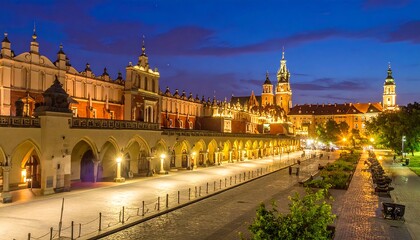 Fototapeta premium Illuminated European architecture at night with a square