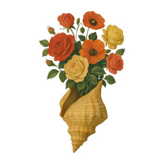 Naklejka premium PNG Seashell vase with vibrant flowers.