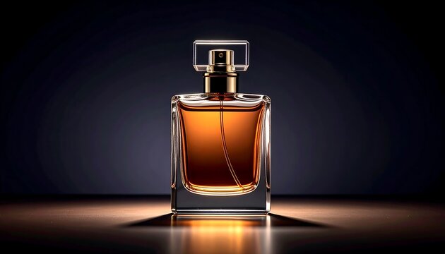 Elegant square perfume bottle with golden liquid interior, centered on a shiny surface with a dark background