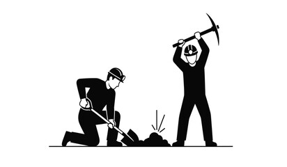 Black and white illustration of two miners working together with a shovel and a pickaxe tool © rsvect02