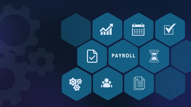 Digital payroll management system with hexagonal financial icons and human resource elements.