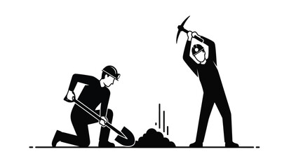A silhouette illustration of two workers digging and breaking ground using a shovel and a pickaxe © rsvect02