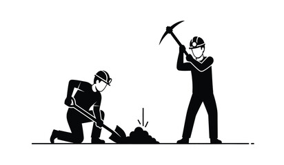 Two coal miners working together with a pickaxe and a shovel to extract ore in a dark mine shaft © rsvect02