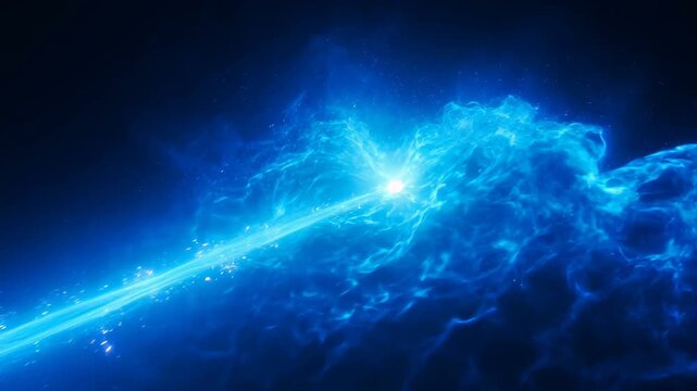 Mysterious blue energy beam traversing the vast cosmic expanse with glowing particles