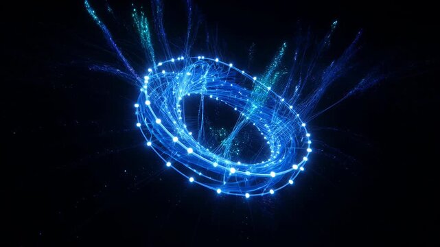 Abstract technological torus emitting blue neon lines and particles in a dark space