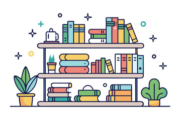 Fototapeta premium Organized Study Bookshelf with Colorful Books and Potted Houseplants for Academic and Learning Themes