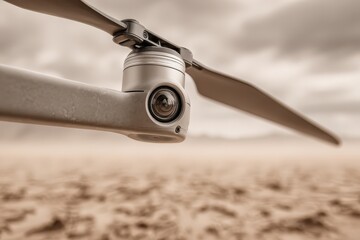Obraz premium Close-up of a modern drone with propellers and camera hovering over a sandy landscape, capturing an aerial view with a sepia tone and a futuristic aesthetic.