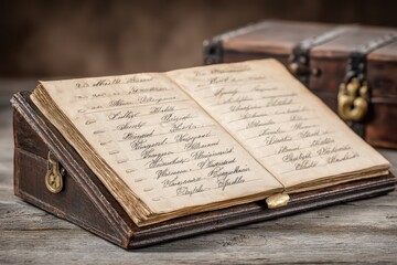 Obraz premium An antique open book with handwritten text displayed on a wooden book stand, next to a vintage treasure chest, evokes history and timeless craftsmanship.