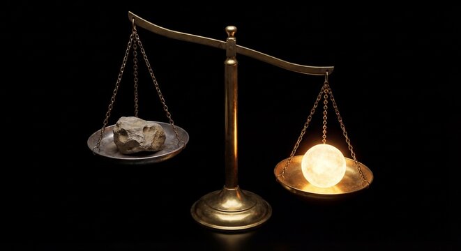 An elegant balance scale tips as a glowing golden sphere outweighs a dull grey stone, symbolizing shifting from self-doubt to confident assertiveness.