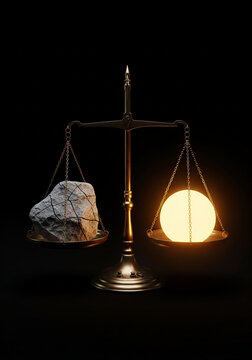 An elegant balance scale tips as a glowing golden sphere outweighs a dull grey stone, symbolizing shifting from self-doubt to confident assertiveness.