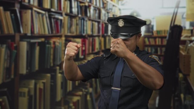 Policeman in uniform raises his fist toward camera in a building aisle lined with tall bookshelves; anger determination focus.
