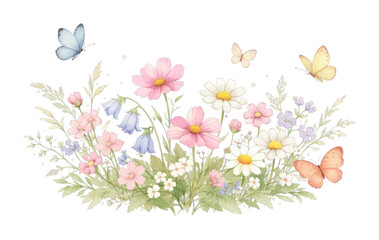 Naklejka premium PNG Delicate watercolor flowers with butterflies.