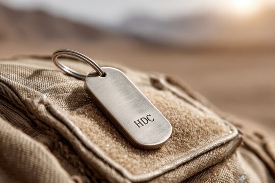 A personalized metal key chain with engraved initials HDC resting on a textured bag, shot with a shallow depth of field and soft lighting, emphasizing detail.