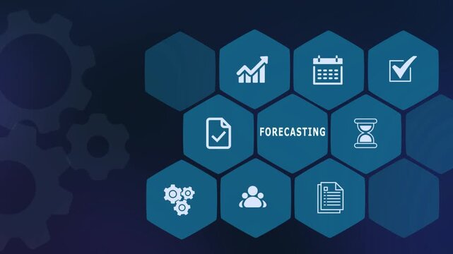  Future business forecasting and financial growth trend analysis with strategic icons and hexagonal design.