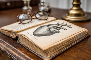 A close-up shot of an open antique book with a vintage heart diagram and glasses resting on it, sitting on a detailed wooden table, complemented by antique decor.