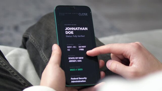 Close-up of a user accessing a digital ID app on a smartphone. Shows verification of a driving permit and encrypted personal data. Ideal for cybersecurity, electronic government services, and tech