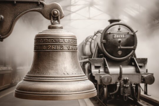 Nostalgic scene featuring an antique train station bell in the foreground, with a vintage steam locomotive subtly blurred in the background, evocative of classic railway travel.