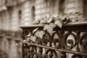 Obraz premium Elegant wrought iron balcony adorned with ivy, creating a vintage charm with its decorative details and sepia tone, evoking timeless beauty and architectural grace.