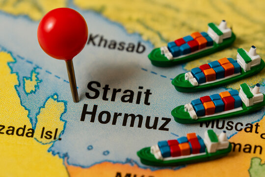 strait of hormuz on map with oil tanker ships stuck or stop due to geopolitical war