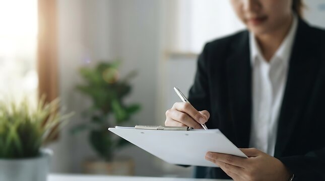 A professional woman in a business suit taking notes on a clipboard in a modern office setting.