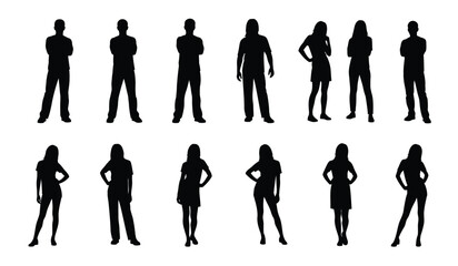 A collection of twelve different human silhouettes standing in various casual and formal postures