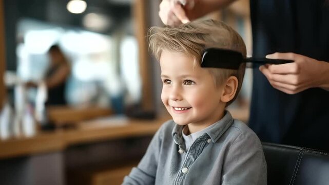 Joyful young child enjoying haircut by children's stylist, toddler getting trim at salon, stylist working on child's hair, kid's grooming service, faceless child at chair,