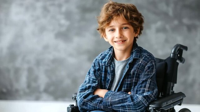 Faceless happy child sitting in wheelchair, defocused against grey background, smiling with physical disability, inclusion and rehabilitation concept, banner format, with copy