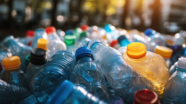 Plastic bottles waste pile outdoor sunlight