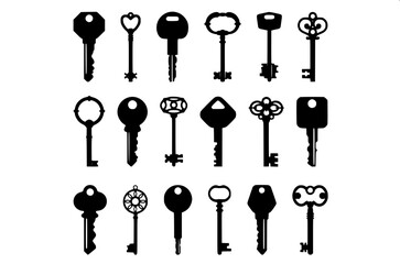 Black silhouette illustration of two keys on a circular keyring, simple flat vector graphic, minimal design, no shadows, centered composition, white or light grey background.