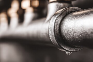 A dramatic close-up shot of a metal pipe showing a single water drop about to fall, highlighting the importance of plumbing maintenance and water conservation.