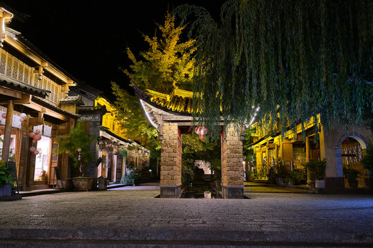 street by night in the village of shaxi, yunnan, china
