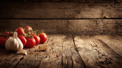 Fresh vine ripe tomatoes and a bulb of garlic rest upon an aged, dark wooden surface with scattered seasonings. © ika