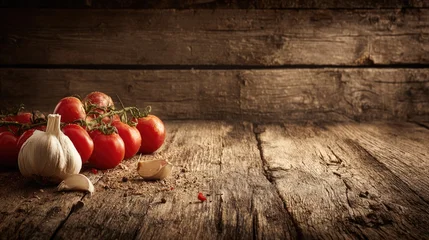 Fresh vine ripe tomatoes and a bulb of garlic rest upon an aged, dark wooden surface with scattered seasonings. © ika