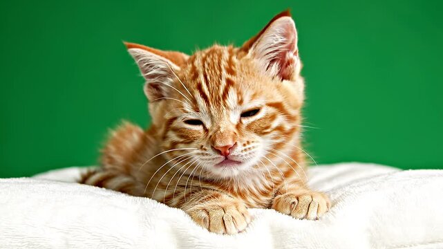 Cute orange kitten lying on white blanket against green background