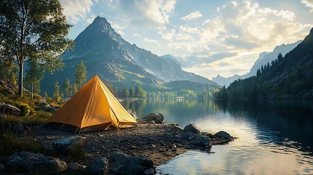 Serene mountain lake landscape with camping tent travel image photo picture