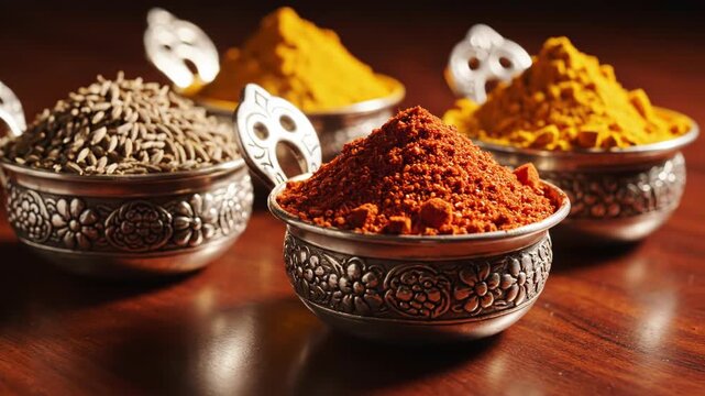 Assorted colorful spices in decorative metal bowls on wooden table