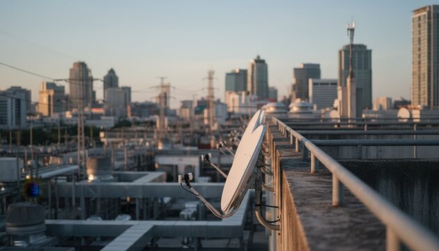 Focused shot of satellite arrays mounted near rooftop parapet railings with blurred urban infrastructure and distant building outlines.