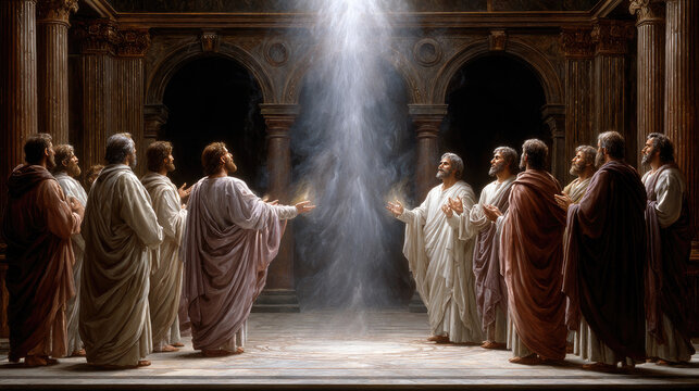 Group of men, representing Jesus's disciples, standing together in an ornate room, looking up as a radiant light descends upon them, signifying the outpouring of the Holy Spirit. Pentecost